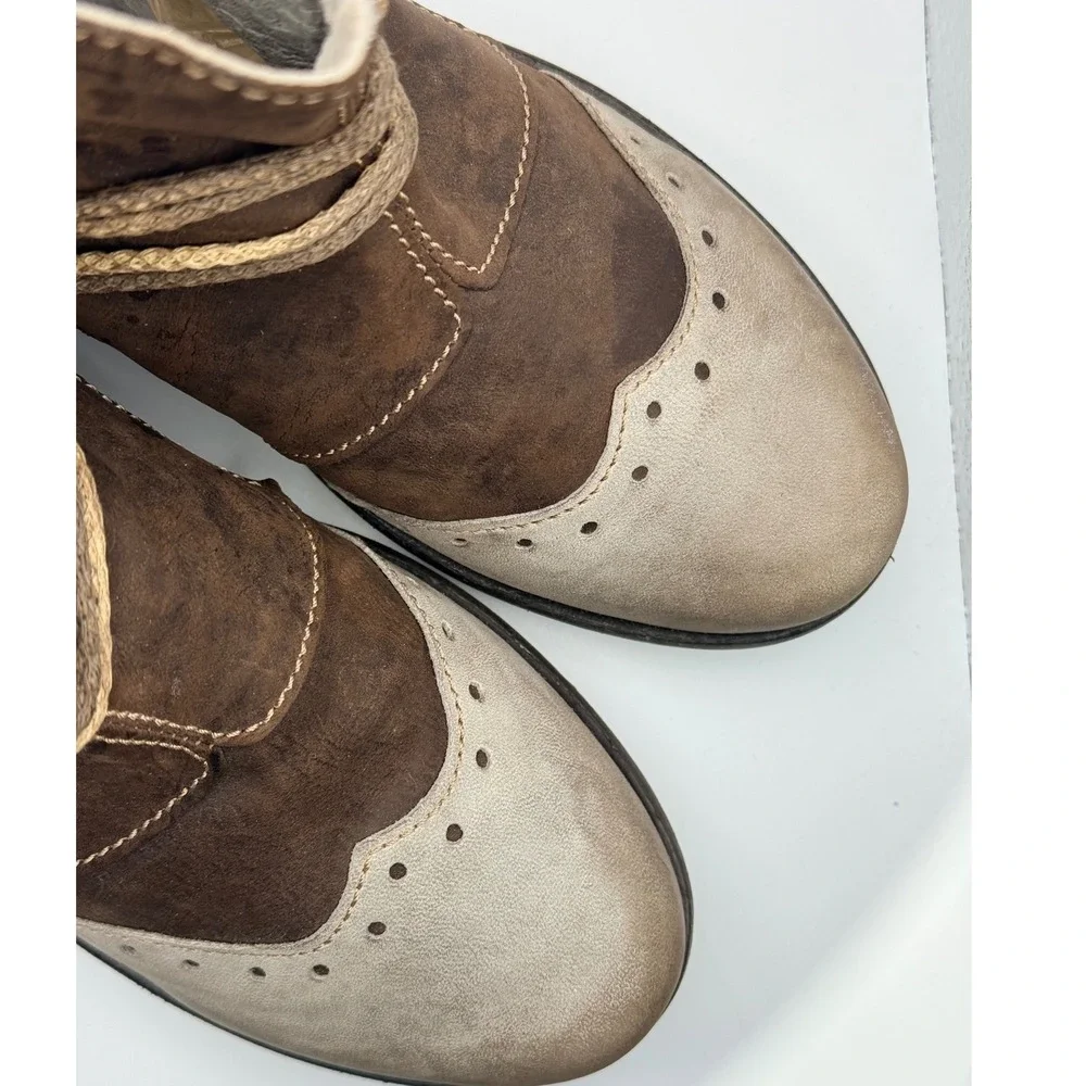Clocharme Handmade Italy TwoTone Leather Wingtip Ankle‎ Boots Boho Rope Wrap 5.5